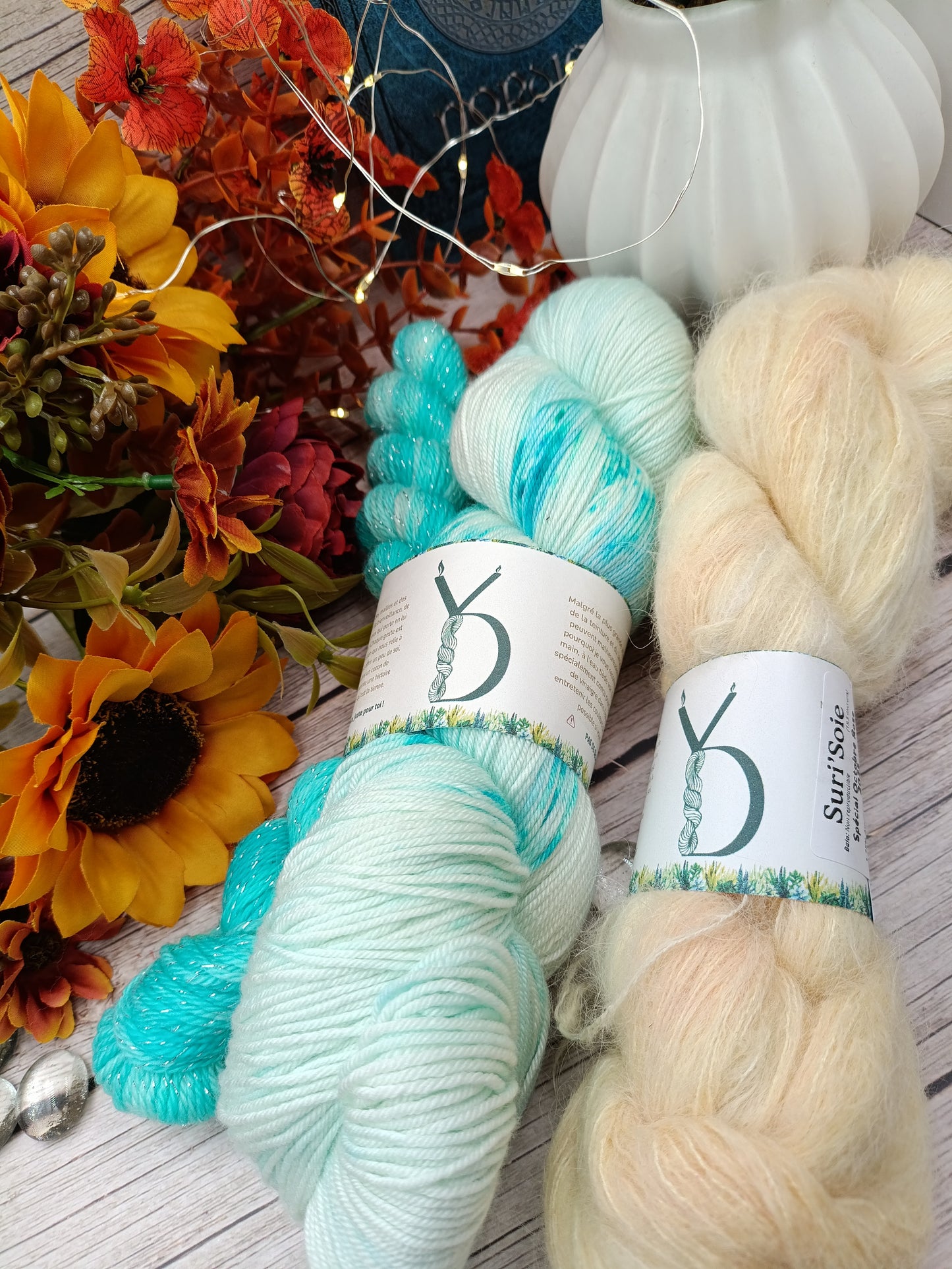 Petit Châle - Suri Beige/Bleu Clair - Octobre rose - 170g - Méri’Soie / Suri’Soie