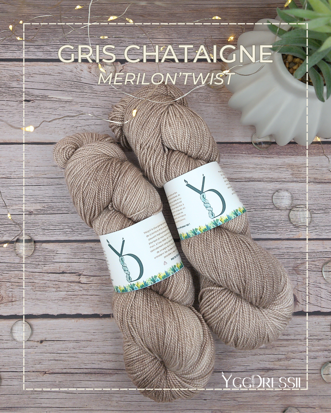 Gris châtaigne - 100g - Fingering - Mérilon’Twist - Écheveaux de laine teints à la main.