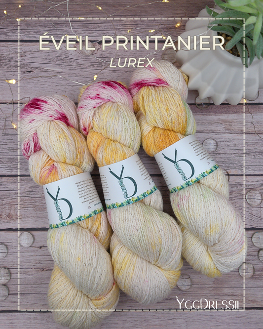 Eveil printanier - 100g - Fingering - Lurex - Écheveaux de laine teints à la main.