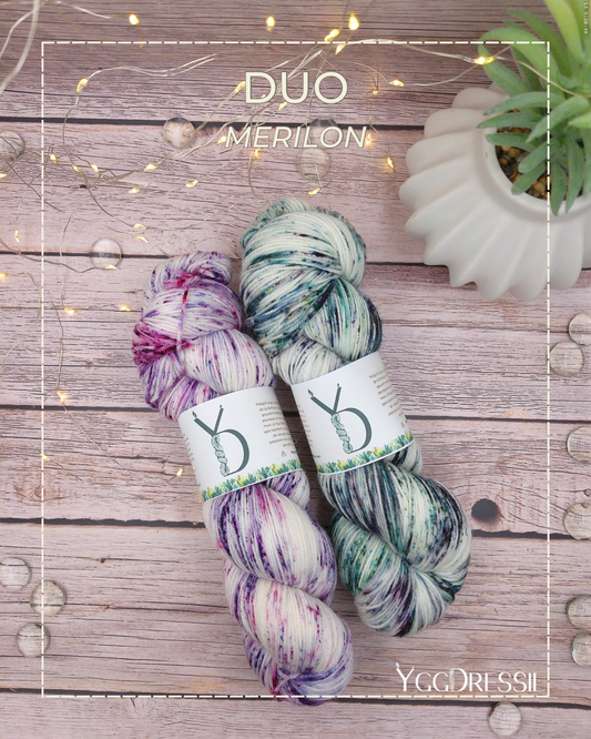 Duo - 200g - Fingering - Mérilon - Écheveaux de laine teints à la main.