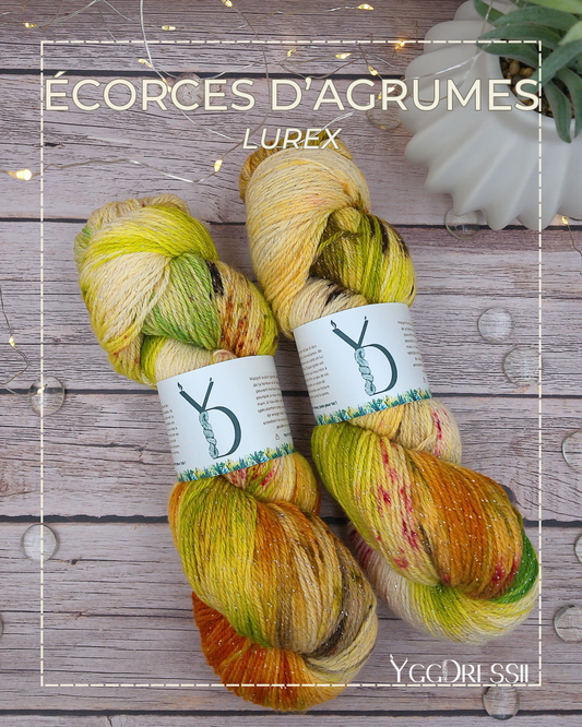 Ecorces d’agrumes - 100g - Fingering - Lurex - Écheveaux de laine teints à la main.