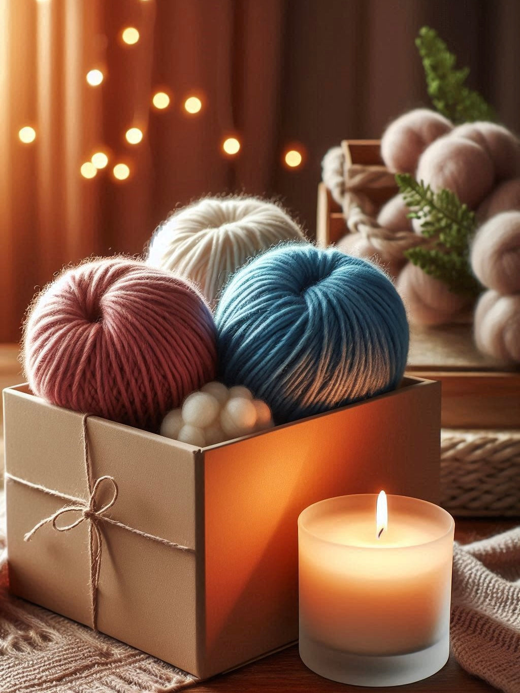 Coffret: 2 écheveaux de laine teint à la main - 1 bougie - petits goodies